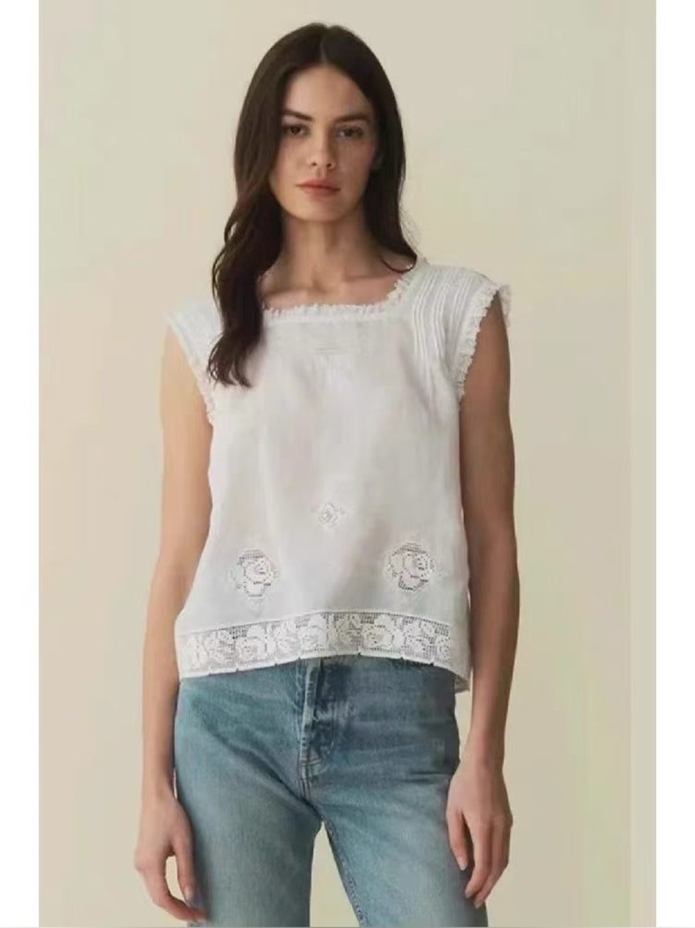 Doen Carlow top in salt Linen camisole White Lace-Trim Sleeveless Top, M